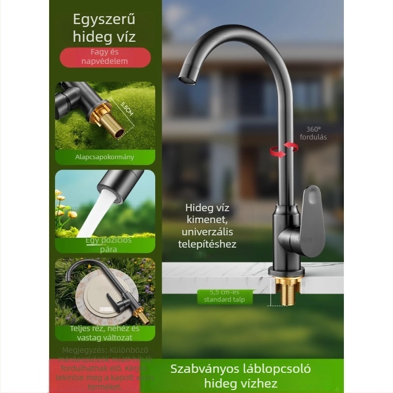 Kültéri anti-fagyasztó vízcsap mosdó/pult melletti mosogatóhoz, réz kivitel, 360°-os forgó keverő, kerámiadiszka szeleppel, hosszított anyás modell, 0–99°C