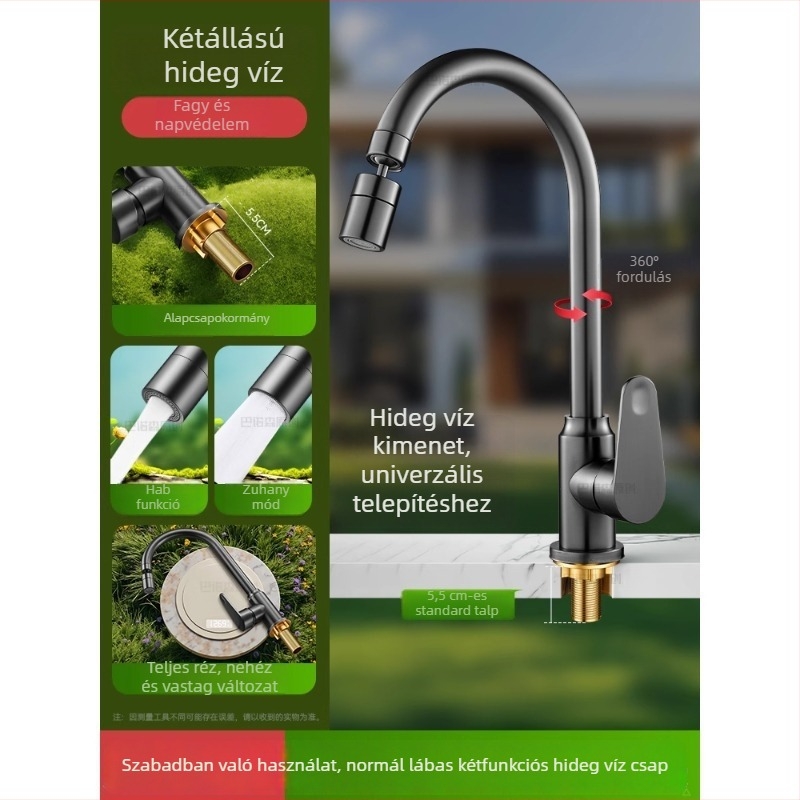 Kültéri anti-fagyasztó vízcsap mosdó/pult melletti mosogatóhoz, réz kivitel, 360°-os forgó keverő, kerámiadiszka szeleppel, hosszított anyás modell, 0–99°C