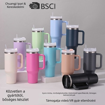 Autó termosz fogantyúval, belső 304 inox, külső 201 inox, vákuum szigetelés, hőmérséklet mérés