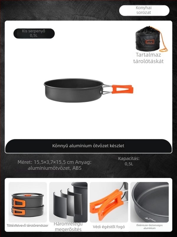 Hordozható kemping konyhai készlet – alumínium ötvözet, Tuocun márka, 1–2 személyre, súly 1,0 kg