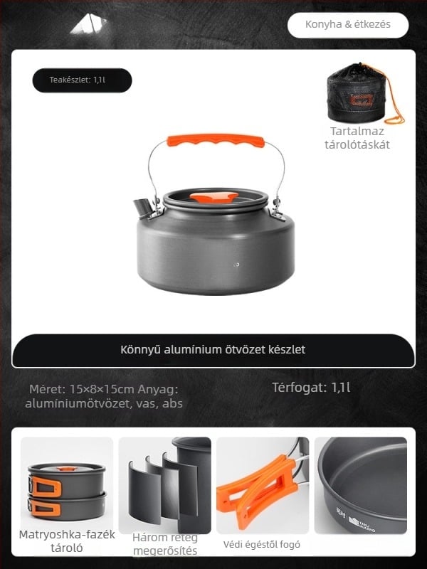 Hordozható kemping konyhai készlet – alumínium ötvözet, Tuocun márka, 1–2 személyre, súly 1,0 kg