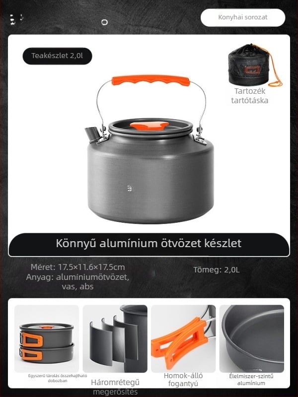 Hordozható kemping konyhai készlet – alumínium ötvözet, Tuocun márka, 1–2 személyre, súly 1,0 kg