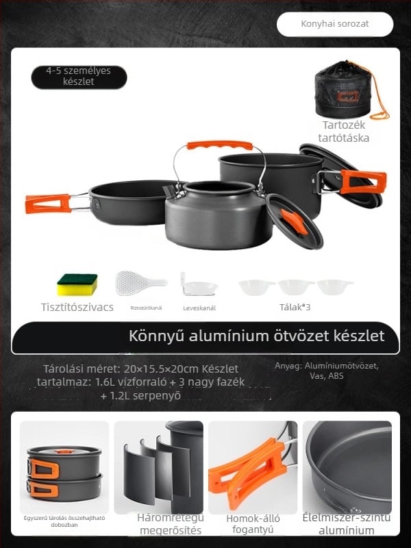 Hordozható kemping konyhai készlet – alumínium ötvözet, Tuocun márka, 1–2 személyre, súly 1,0 kg