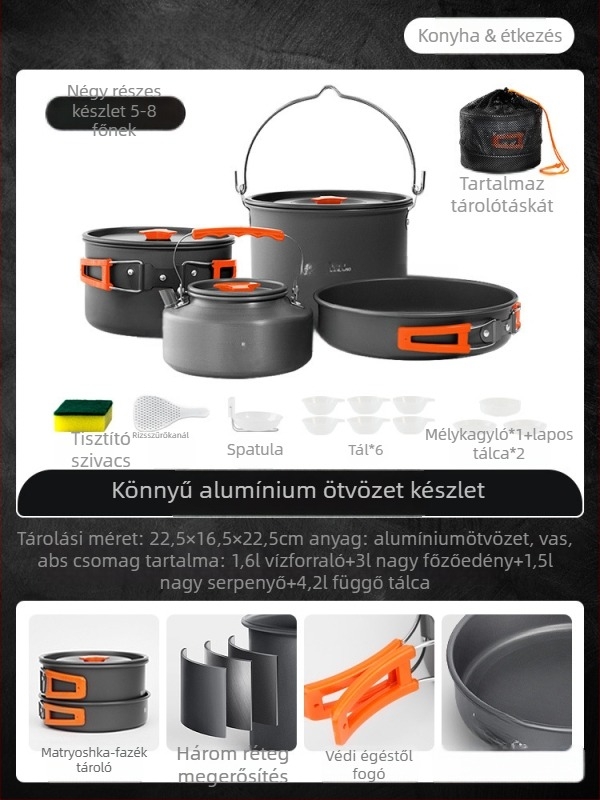 Hordozható kemping konyhai készlet – alumínium ötvözet, Tuocun márka, 1–2 személyre, súly 1,0 kg