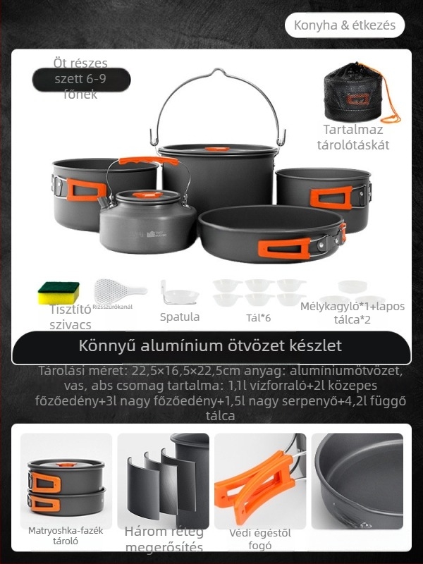 Hordozható kemping konyhai készlet – alumínium ötvözet, Tuocun márka, 1–2 személyre, súly 1,0 kg