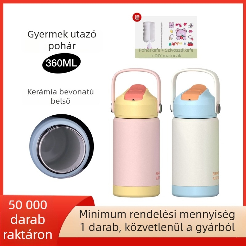 Gyerekeknek szigetelt pohár szívószállal és fogantyúval, 304 rozsdamentes acélból, könnyen hordozható