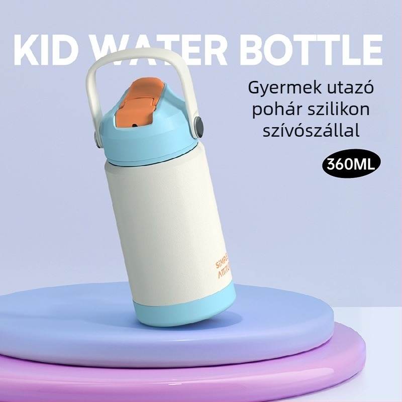 Gyerekeknek szigetelt pohár szívószállal és fogantyúval, 304 rozsdamentes acélból, könnyen hordozható