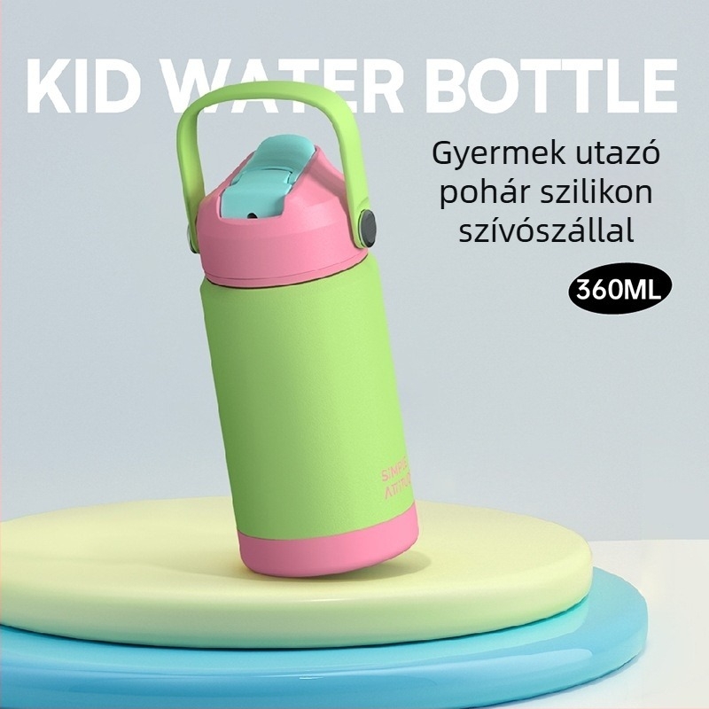 Gyerekeknek szigetelt pohár szívószállal és fogantyúval, 304 rozsdamentes acélból, könnyen hordozható