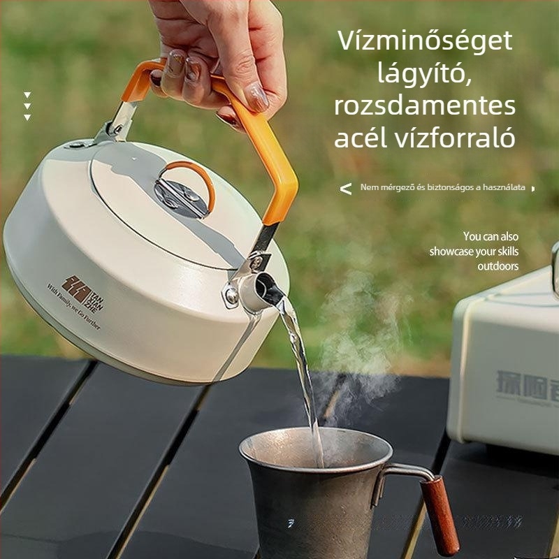 Kempingezéshez három részes edénykészlet, hordozható tűzhely, fazék és teáskanna