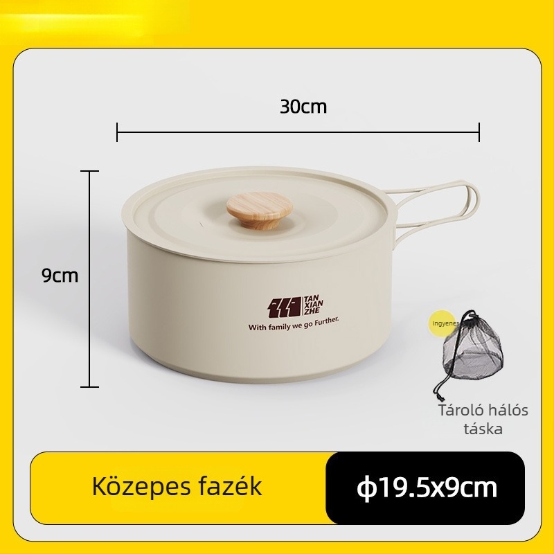 Kempingezéshez három részes edénykészlet, hordozható tűzhely, fazék és teáskanna