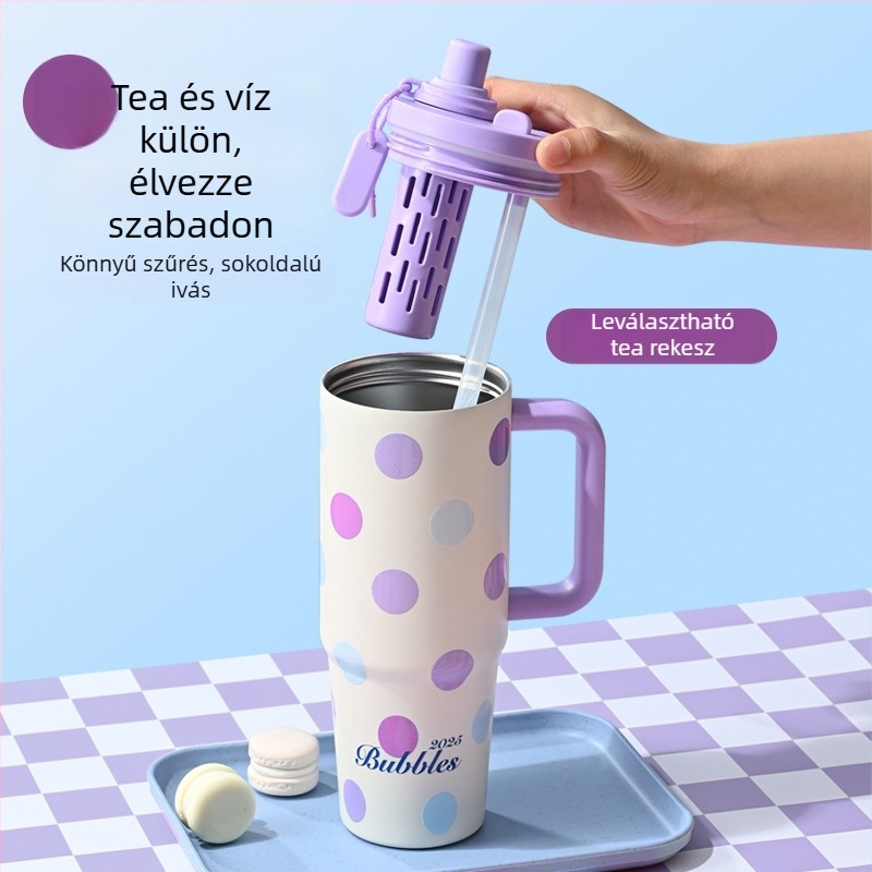 Fogantyús termos pohár, vákuum szigetelés 6–12 óra, belső 316 rozsdamentes acél, külső 201 rozsdamentes acél, teás szeparátor, lézergravírozás