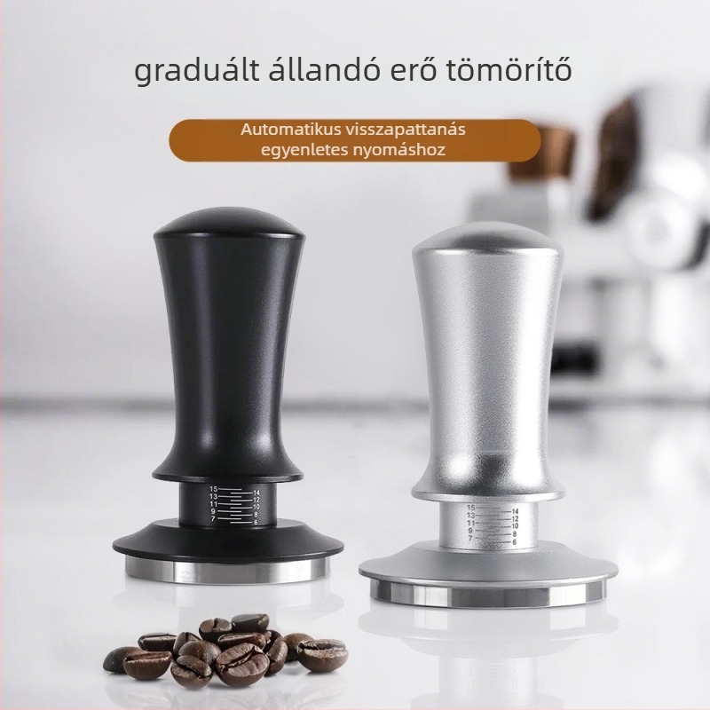 Rozsdamentes acélból készült espresso tampere állítható skálával, 350 g súlyú