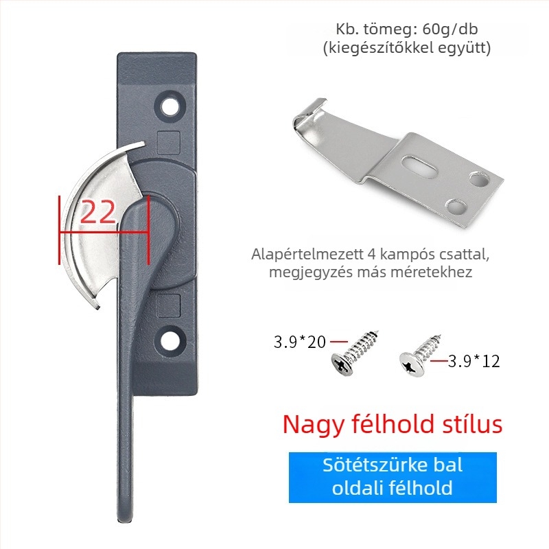 Félholdas zárókampó ajtókhoz és ablakokhoz, rozsdamentes acél/alumínium ötvözet, csúszó ablakokhoz, gyermekvédelmi zár