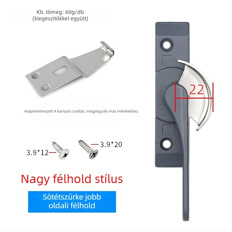 Félholdas zárókampó ajtókhoz és ablakokhoz, rozsdamentes acél/alumínium ötvözet, csúszó ablakokhoz, gyermekvédelmi zár