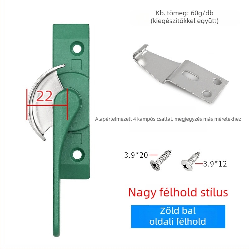 Félholdas zárókampó ajtókhoz és ablakokhoz, rozsdamentes acél/alumínium ötvözet, csúszó ablakokhoz, gyermekvédelmi zár
