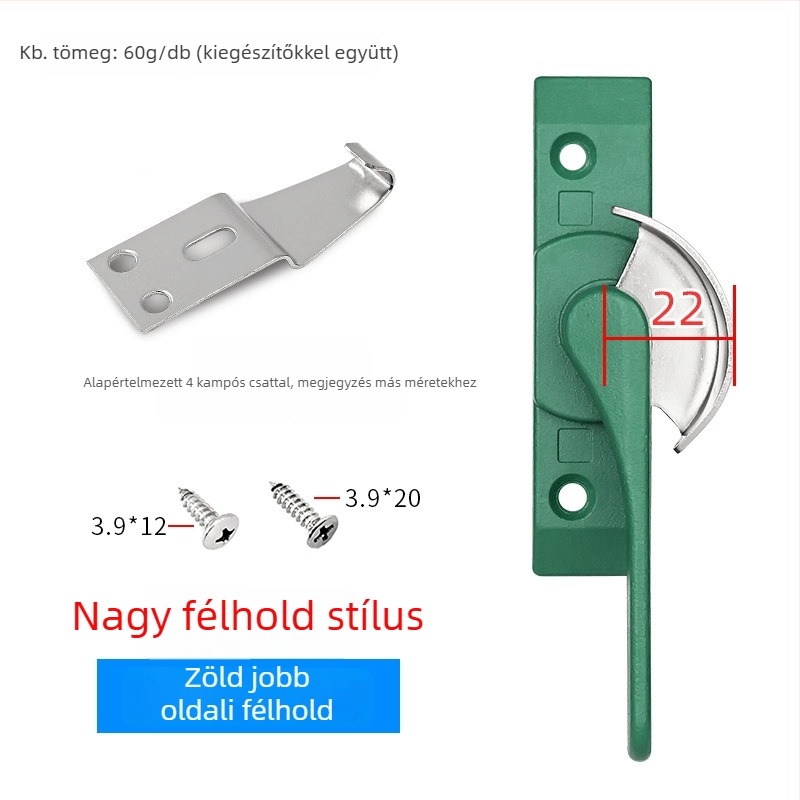 Félholdas zárókampó ajtókhoz és ablakokhoz, rozsdamentes acél/alumínium ötvözet, csúszó ablakokhoz, gyermekvédelmi zár