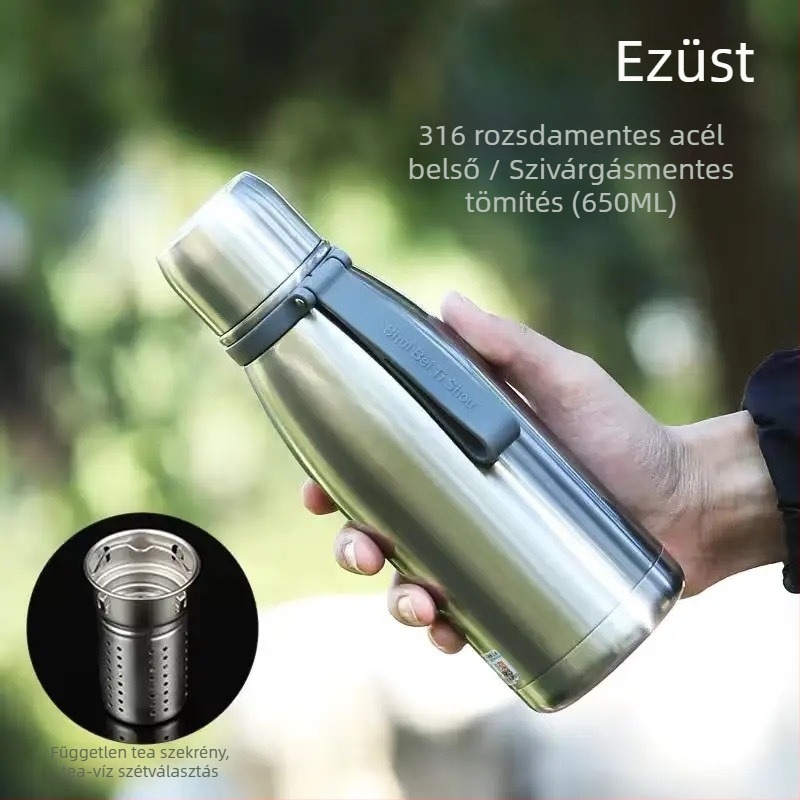 Termosz pohár 316 rozsdamentes acél belsővel, 304 rozsdamentes acél külsővel, vákuum szigetelés 24–36 óra, tea és víz elválasztás, testreszabható logó