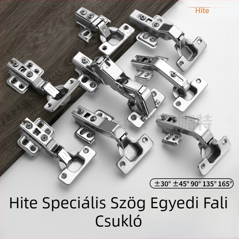 Speciális szögű csukló buferrel; két lyukas rövid kar; állítható ъgok ±30°, ±45°, 90°, 135°, 165°; anyag: hideg hengerelt acél; alsó rézbevonat