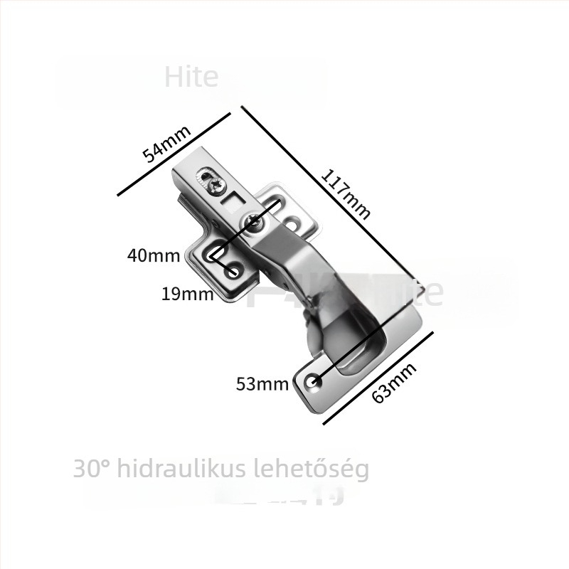 Speciális szögű csukló buferrel; két lyukas rövid kar; állítható ъgok ±30°, ±45°, 90°, 135°, 165°; anyag: hideg hengerelt acél; alsó rézbevonat