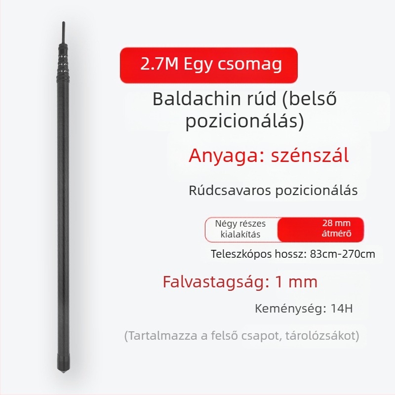 Szénszálas árnyékoló-támogató rúd belső pozicionálással kültéri kemping sátorhoz – forgó záras cső kiegészítő