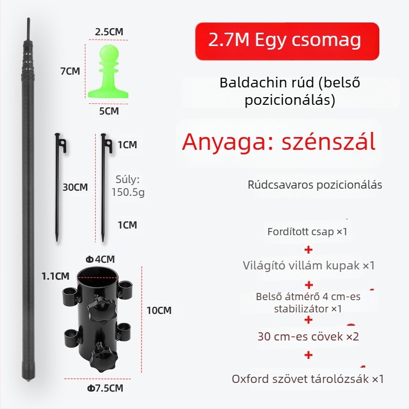 Szénszálas árnyékoló-támogató rúd belső pozicionálással kültéri kemping sátorhoz – forgó záras cső kiegészítő