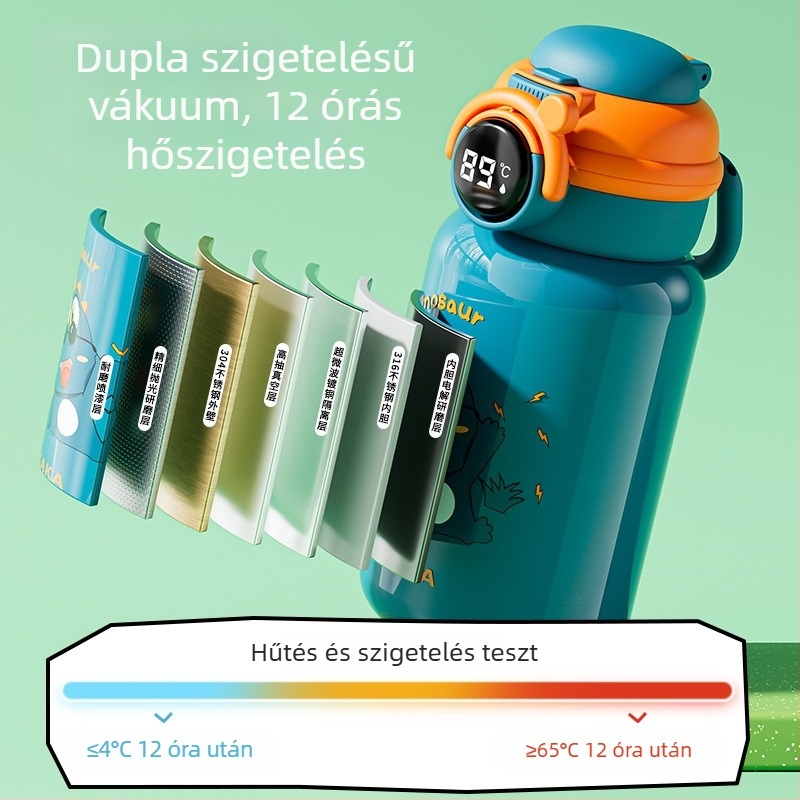 Termosz pohár 316 rozsdamentes acél belsővel, 304 rozsdamentes acél külsővel, hőmérséklet kijelző, szívószál, gyerekeknek és diákoknak