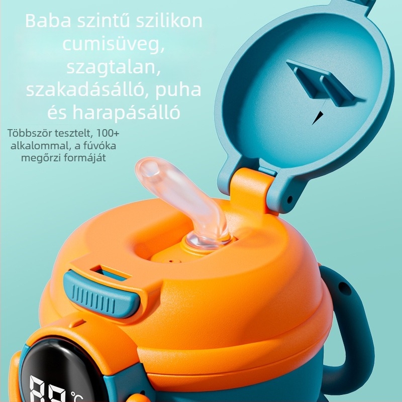 Termosz pohár 316 rozsdamentes acél belsővel, 304 rozsdamentes acél külsővel, hőmérséklet kijelző, szívószál, gyerekeknek és diákoknak