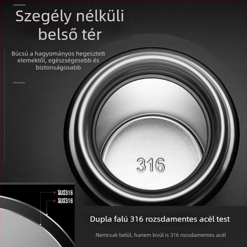 316 rozsdamentes acél belsővel és 304 külső falú termosz pohár, vákuum szigetelés 12–24 óra, logó testreszabás lézergravírozással / szitázással / 3D nyomtatással, ajándékdobozzal
