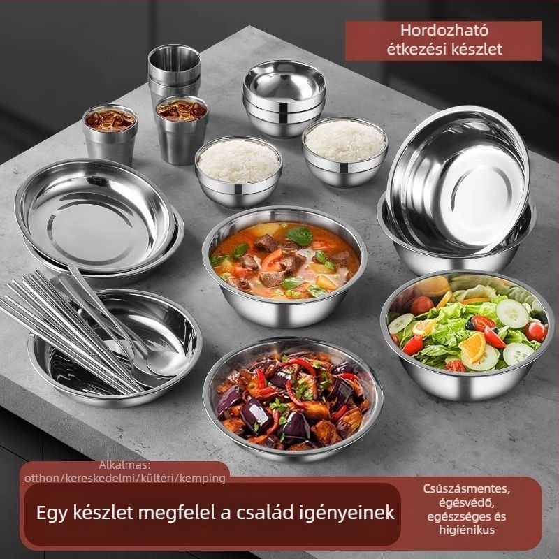304 rozsdamentes acél asztali készlet – tálak, tányérok és evőpálcikák, hordozható kempingezéshez