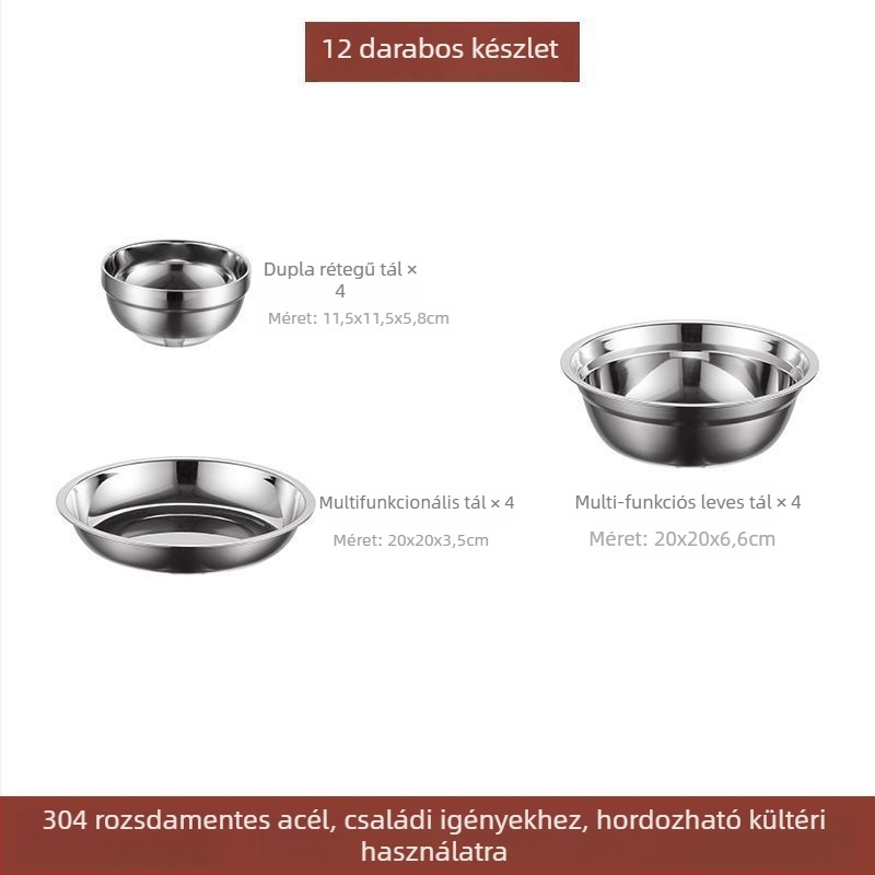 304 rozsdamentes acél asztali készlet – tálak, tányérok és evőpálcikák, hordozható kempingezéshez