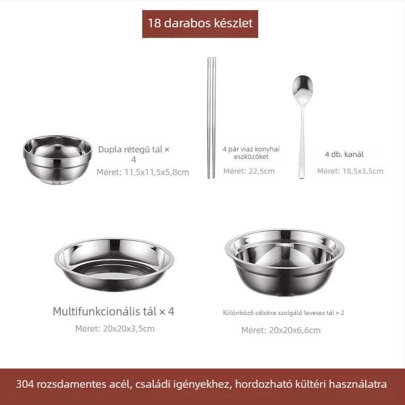 304 rozsdamentes acél asztali készlet – tálak, tányérok és evőpálcikák, hordozható kempingezéshez