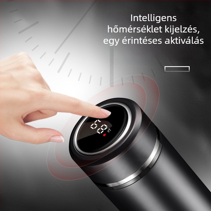Okos hőmérséklet-mérő termosz belső 316 rozsdamentes acél, matt felület, egyenes forma, logóval testre szabható