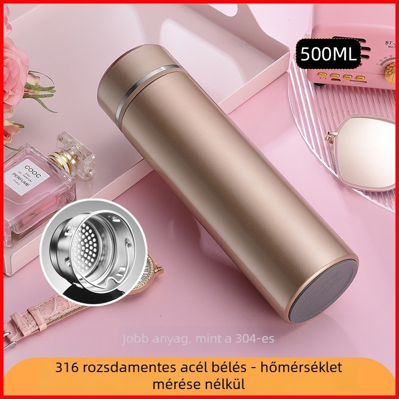 Okos hőmérséklet-mérő termosz belső 316 rozsdamentes acél, matt felület, egyenes forma, logóval testre szabható