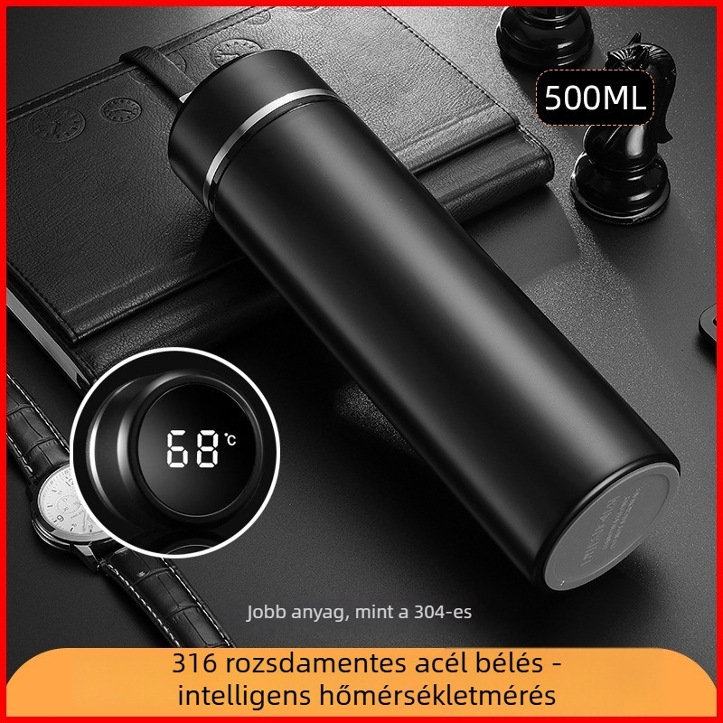 Okos hőmérséklet-mérő termosz belső 316 rozsdamentes acél, matt felület, egyenes forma, logóval testre szabható