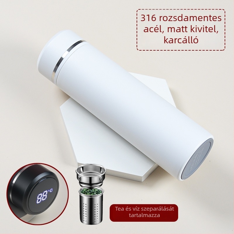 Okos hőmérséklet-mérő termosz belső 316 rozsdamentes acél, matt felület, egyenes forma, logóval testre szabható