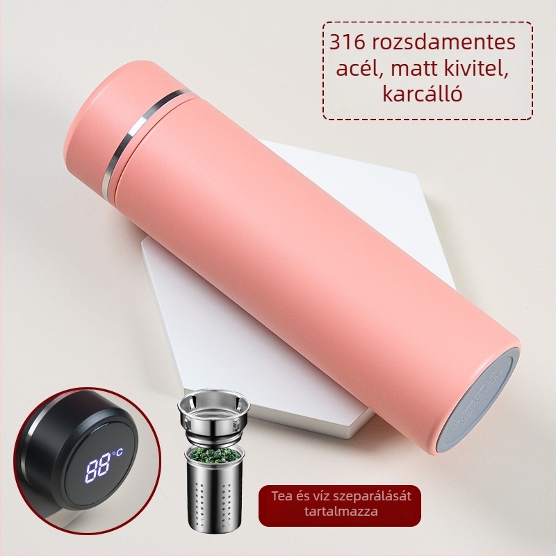 Okos hőmérséklet-mérő termosz belső 316 rozsdamentes acél, matt felület, egyenes forma, logóval testre szabható