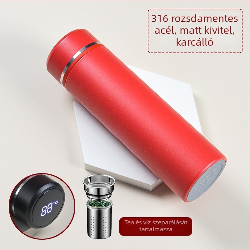 Okos hőmérséklet-mérő termosz belső 316 rozsdamentes acél, matt felület, egyenes forma, logóval testre szabható