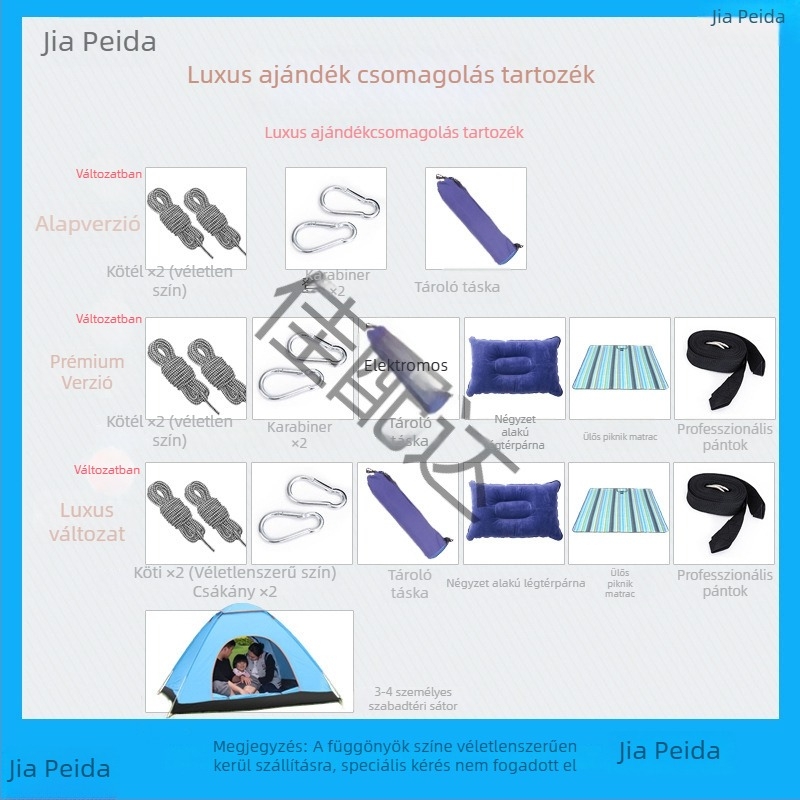 Kültéri, légáteresztő hálós függőágy kempingezéshez, tartóelem nélkül; felületi anyag: pamut/nylon zsinór.