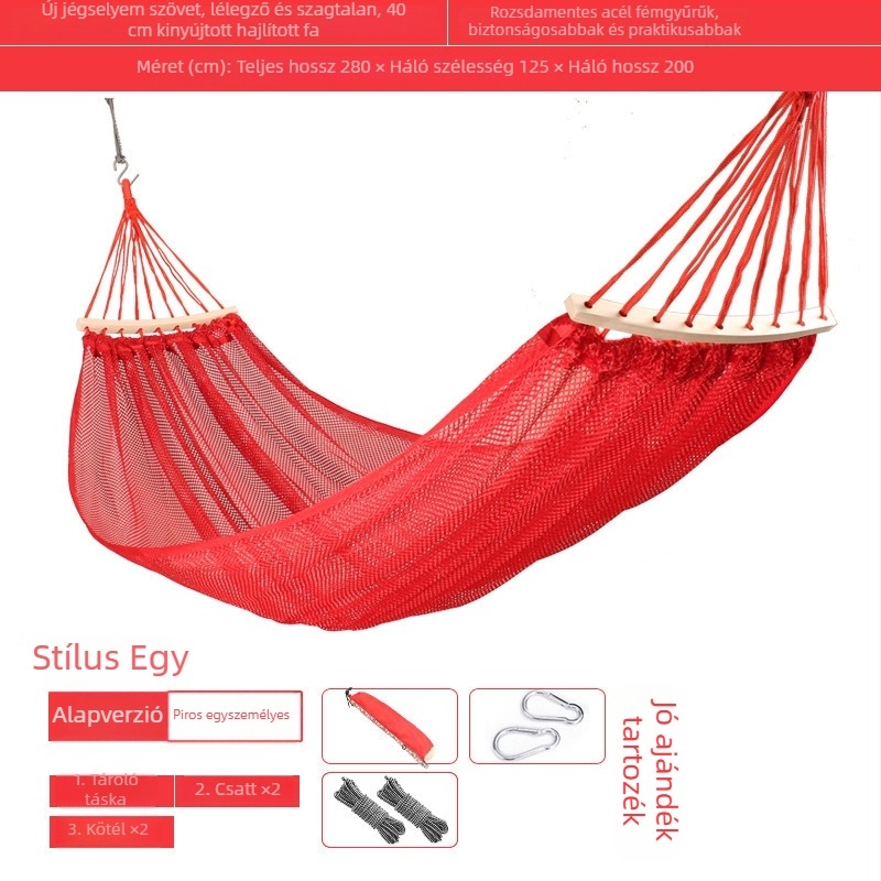 Kültéri, légáteresztő hálós függőágy kempingezéshez, tartóelem nélkül; felületi anyag: pamut/nylon zsinór.