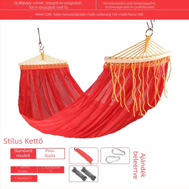 Kültéri, légáteresztő hálós függőágy kempingezéshez, tartóelem nélkül; felületi anyag: pamut/nylon zsinór.