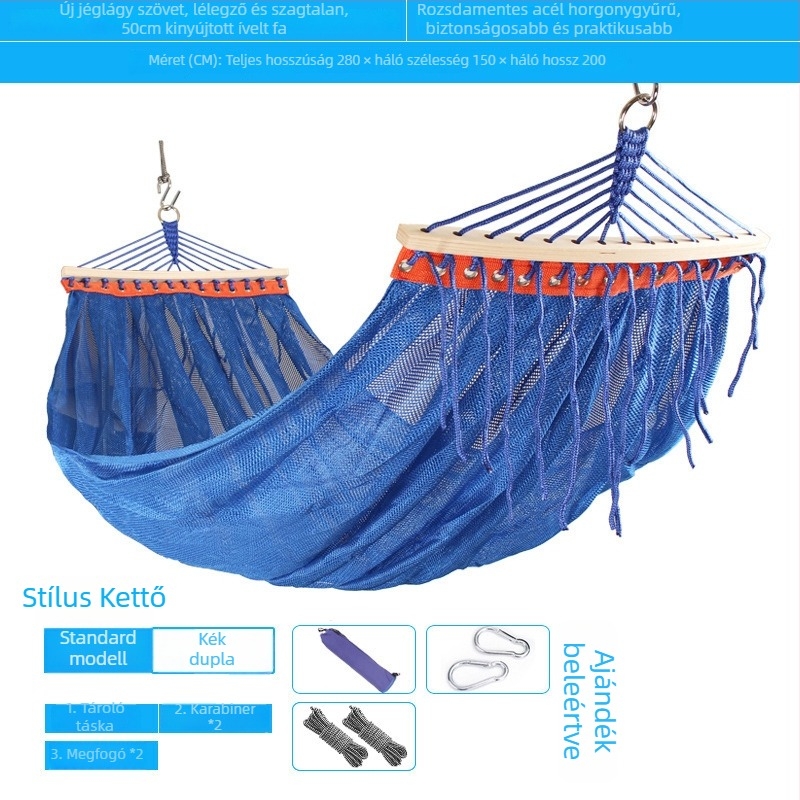 Kültéri, légáteresztő hálós függőágy kempingezéshez, tartóelem nélkül; felületi anyag: pamut/nylon zsinór.
