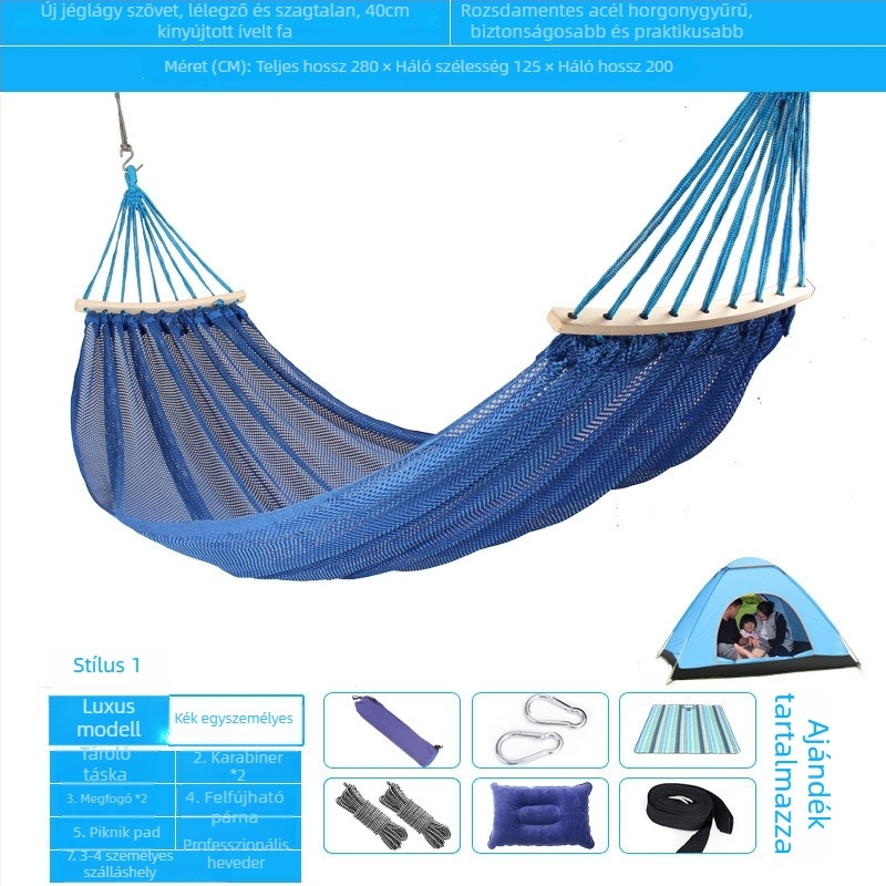 Kültéri, légáteresztő hálós függőágy kempingezéshez, tartóelem nélkül; felületi anyag: pamut/nylon zsinór.