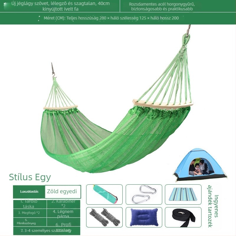 Kültéri, légáteresztő hálós függőágy kempingezéshez, tartóelem nélkül; felületi anyag: pamut/nylon zsinór.