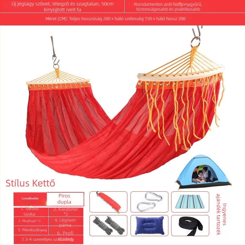 Kültéri, légáteresztő hálós függőágy kempingezéshez, tartóelem nélkül; felületi anyag: pamut/nylon zsinór.