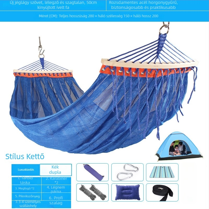 Kültéri, légáteresztő hálós függőágy kempingezéshez, tartóelem nélkül; felületi anyag: pamut/nylon zsinór.