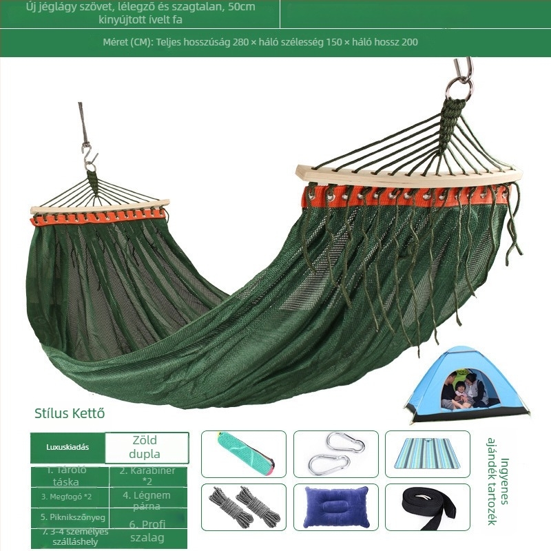 Kültéri, légáteresztő hálós függőágy kempingezéshez, tartóelem nélkül; felületi anyag: pamut/nylon zsinór.