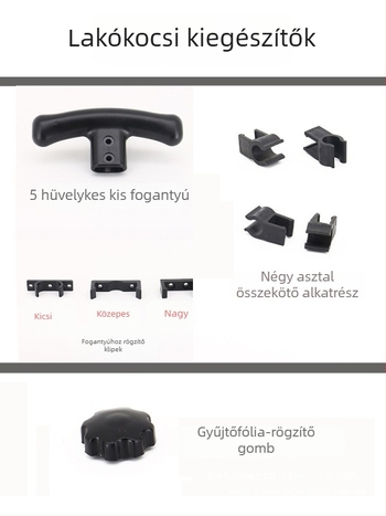 Kempinges lakókocsi kiegészítők — Textil zseb, Egg Roll Table, csat, húzókar, toló rúd; Anyag: Mérnöki műanyagok