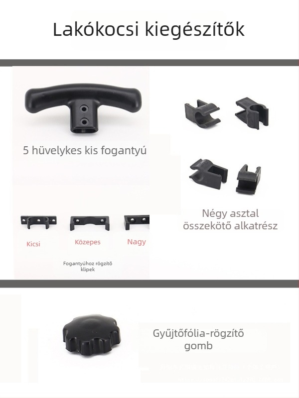 Kempinges lakókocsi kiegészítők — Textil zseb, Egg Roll Table, csat, húzókar, toló rúd; Anyag: Mérnöki műanyagok