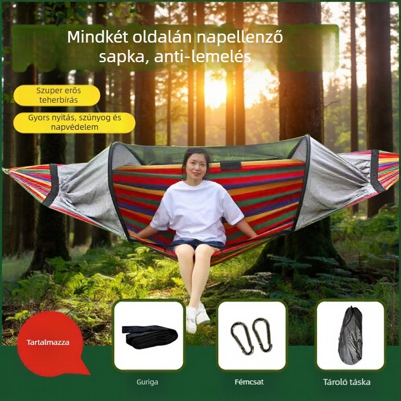 Kültéri függőágy rovarhálóval és árnyékolóval, vászon felület, terhelhetőség 600 kg, tömeg 1.7–2.7 kg, konzol nélkül, egy személy számára