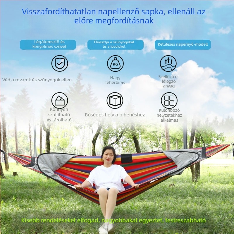 Kültéri függőágy rovarhálóval és árnyékolóval, vászon felület, terhelhetőség 600 kg, tömeg 1.7–2.7 kg, konzol nélkül, egy személy számára